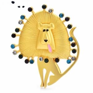 Anthropologie Gold Lion Brooch with Blue and Black Accents